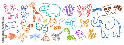 Vector colorful line art illustration set of of cute animals