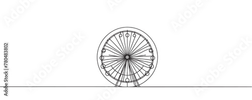 Continuous one line drawing of a Ferris wheel, circle spinning high in the sky. A fun game at a festival-fair. Vector graphic illustration of one line drawing