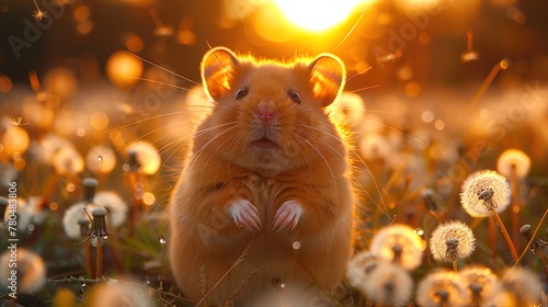 In the golden light of sunset, a curious hamster amidst dandelions symbolizes innocence and wishes, ideal for natural or whimsical concepts, with ample room for text in the warm, glowing field. photo