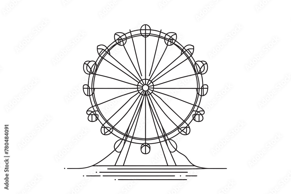 Continuous one line drawing of a Ferris wheel, circle spinning high in the sky. A fun game at a festival-fair. Vector graphic illustration of one line drawing