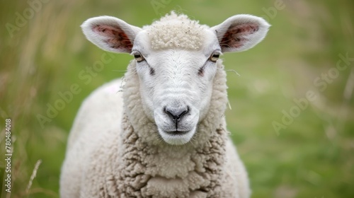 Close-up of a fluffy white sheep in a serene pasture with a soft green background © Superhero Woozie