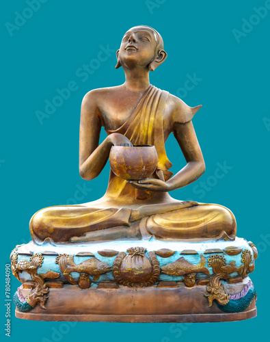 Happy Buddha in bronze Statue, sitting and smiling while holding an alms bowl, on an isolated turquoise blue background.