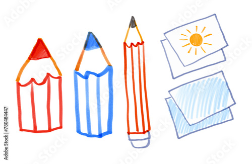Felt pen vector illustrations collection of child drawings of pencils and paper