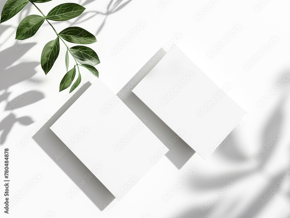Mockup with two blank cards and plant shadow, ideal for branding and design presentations Mockup with two blank cards and plant shadow, ideal for branding and design presentations