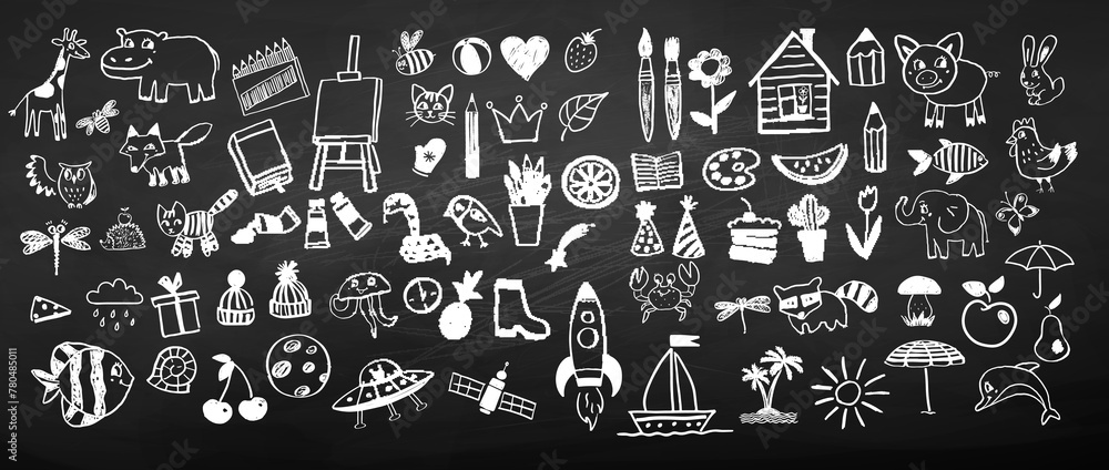 Vector chalk drawn line art child drawings style illustration set Vector chalk drawn line art child drawings style illustration set