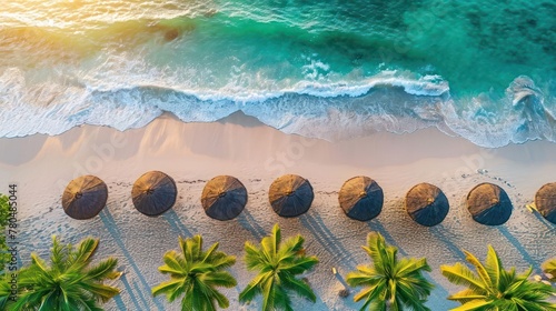Aerial view of umbrellas, palms on the sandy beach of Ocean at sunset
