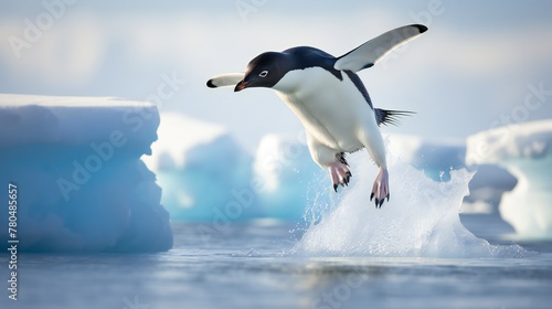 An adelie penguin leaps between two floes of ice. . photo