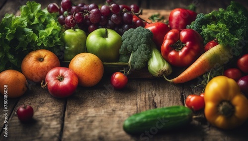 A variety of fresh fruits and vegetables arranged on a rustic wooden surface  vibrant and colorful  promoting a healthy eating concept.