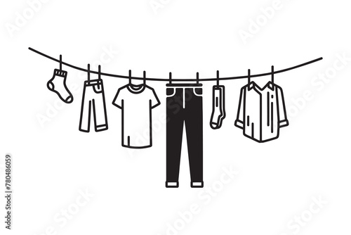 Continuous one-line drawing of linen, clothes hanging on a rope. Vector illustration
