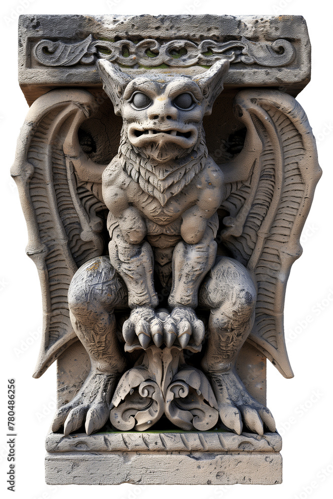 Fototapeta premium Isolated Gargoyle on transparent background. Demon gargoyle. Gothic stone Gargoyle statue isolated on a transparent background. 