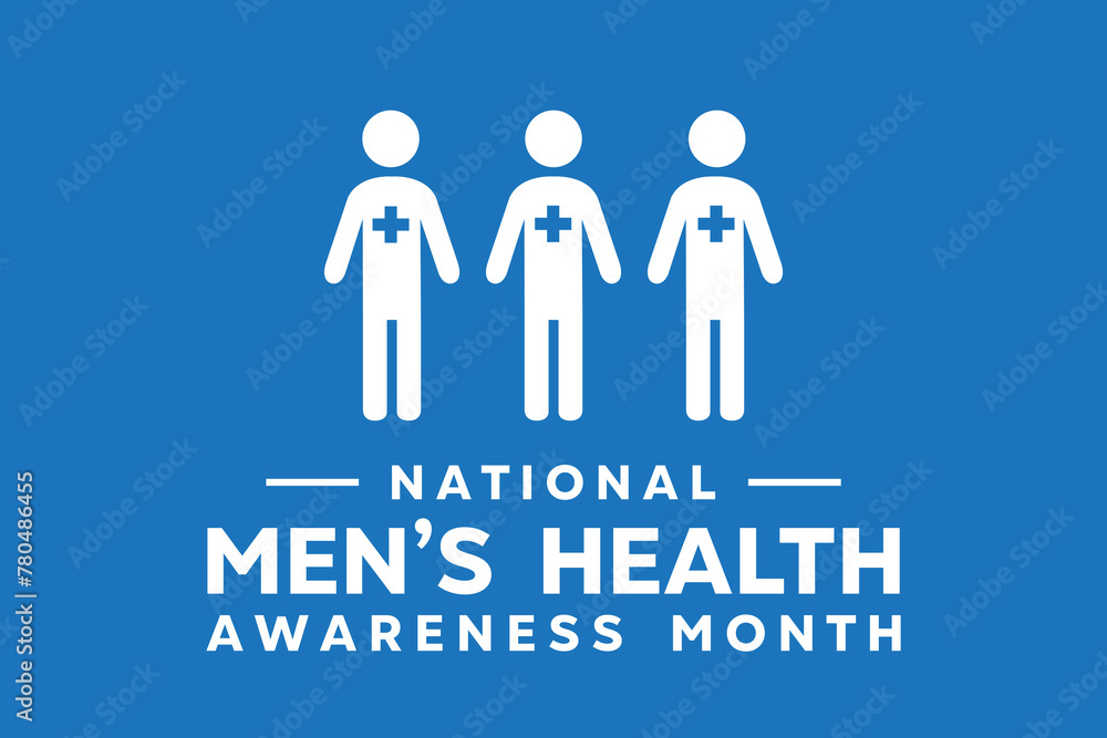 National Mens Health Awareness Month. People and plus icon. Great for cards, banners, posters, social media and more. Blue background. 
