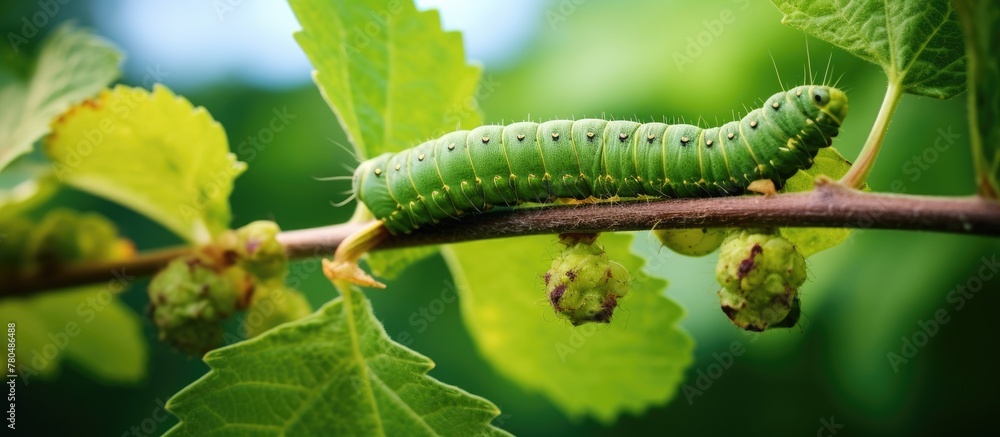 Fototapeta premium Blurred green background with a caterpillar hanging on a vine, a common fruit-piercing moth in its natural habitat.
