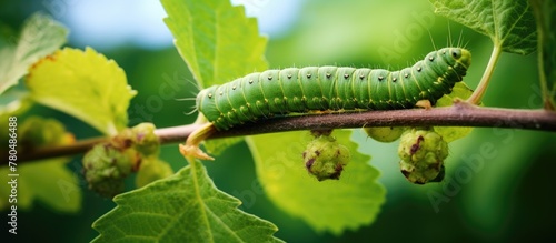 Blurred green background with a caterpillar hanging on a vine, a common fruit-piercing moth in its natural habitat.