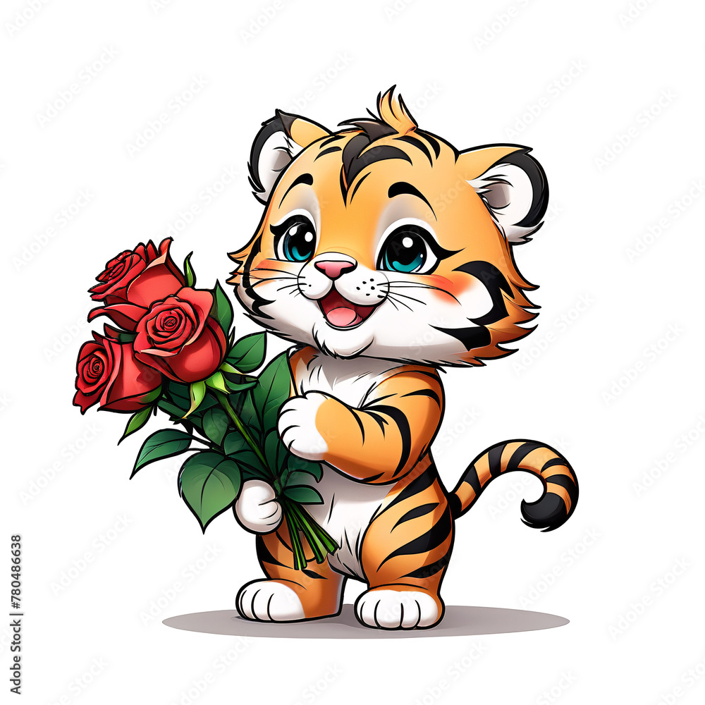 Cute tiger with roses. Funny cartoon character isolated on white background. A little tiger congratulates on the holiday and gives a bouquet of roses. Cute tiger with roses. Funny cartoon character isolated on white background. A little tiger congratulates on the holiday and gives a bouquet of roses.
