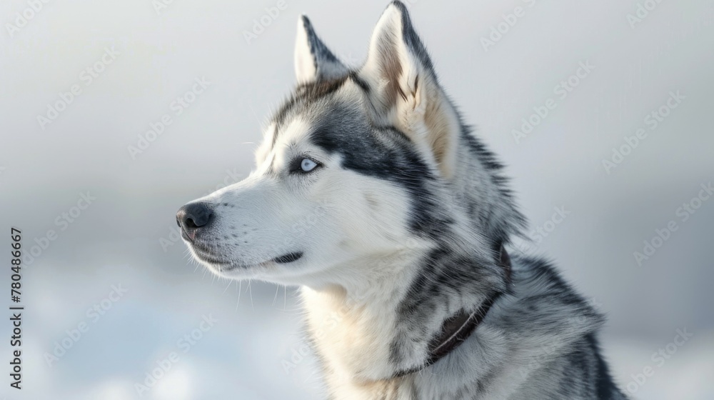 Siberian Husky with blue eyes and fluffy fur in a snowy winter profile view