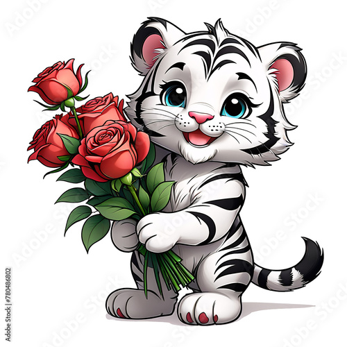 Cute tiger with roses. Funny cartoon character isolated on white background. A little tiger congratulates on the holiday and gives a bouquet of roses.