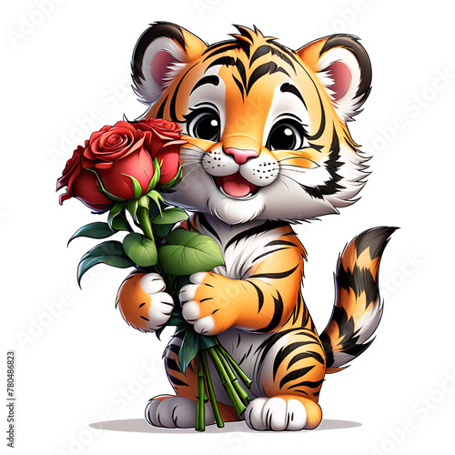 Cute tiger with roses. Funny cartoon character isolated on white background. A little tiger congratulates on the holiday and gives a bouquet of roses.