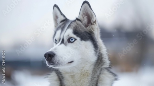 Siberian Husky portrait with captivating eyes and thick fur in a snowy winter setting