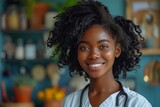 Black hair female doctor with Jheri curl smiling in happy event