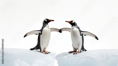 Isolated gentoo penguins against a white backdrop . © Naqash