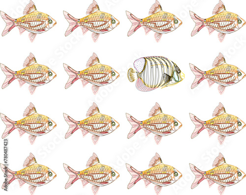 Vector sketch illustration design background art image of sea fish lined up neatly with smugglers 