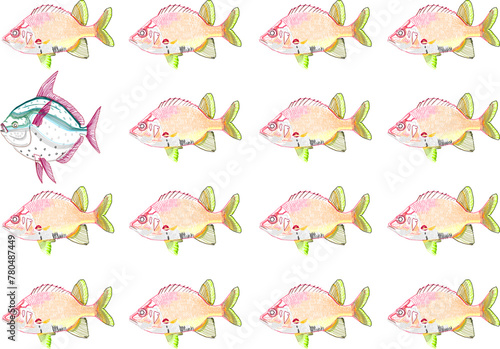 Vector sketch illustration design background art image of sea fish lined up neatly with smugglers