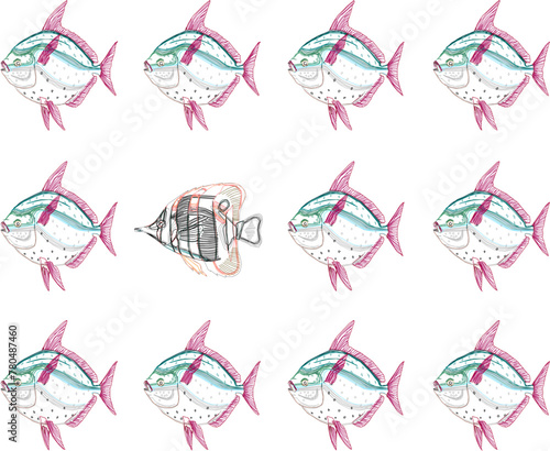 Vector sketch illustration design background art image of sea fish lined up neatly with smugglers