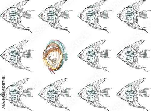 Vector sketch illustration design background art image of sea fish lined up neatly with smugglers