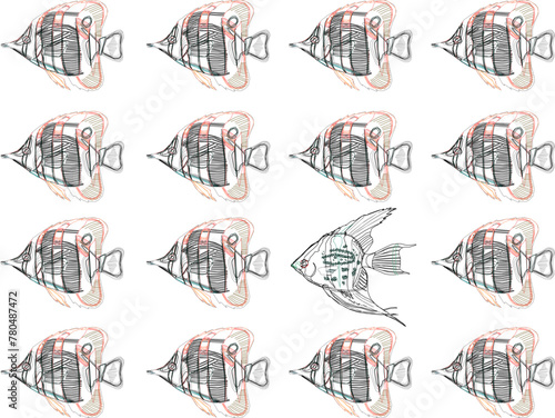 Vector sketch illustration design background art image of sea fish lined up neatly with smugglers