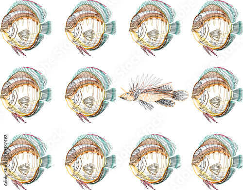Vector sketch illustration design background art image of sea fish lined up neatly with smugglers