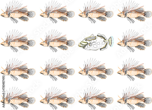 Vector sketch illustration design background art image of sea fish lined up neatly with smugglers