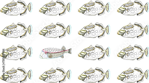 Vector sketch illustration design background art image of sea fish lined up neatly with smugglers