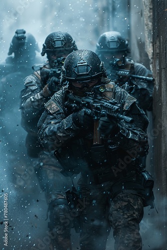 SWAT team breaching a building, tactical gear, intense expressionsstock photographic style