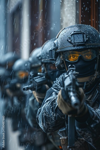 SWAT team breaching a building, tactical gear, intense expressionsstock photographic style photo