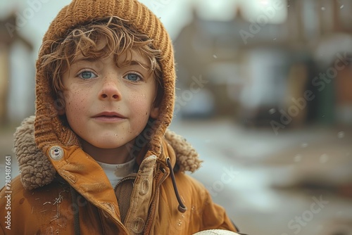 A young boy in fur clothing and ushanka hat smiles at the camera photo
