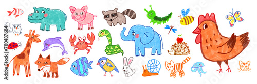 Felt pen vector colorful child drawings style illustration set of cute animals