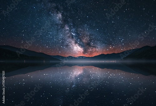 a lake with stars and mountains in the background photo