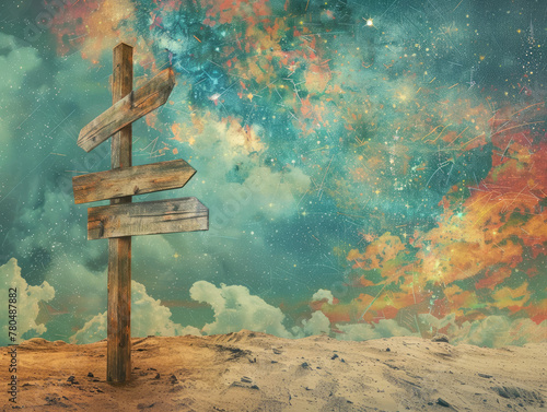 Destination Signpost Marking places visited or dreamed of, dreamy background photo