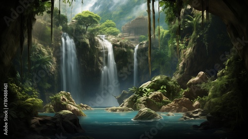  A majestic waterfall cascading down rugged cliffs into a pool below, framed by lush vegetation