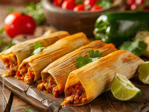 Tamales. Prehispanic dish typical of Mexico and some Latin American countries. Corn dough wrapped in corn leaves. The tamales are steamed. photo