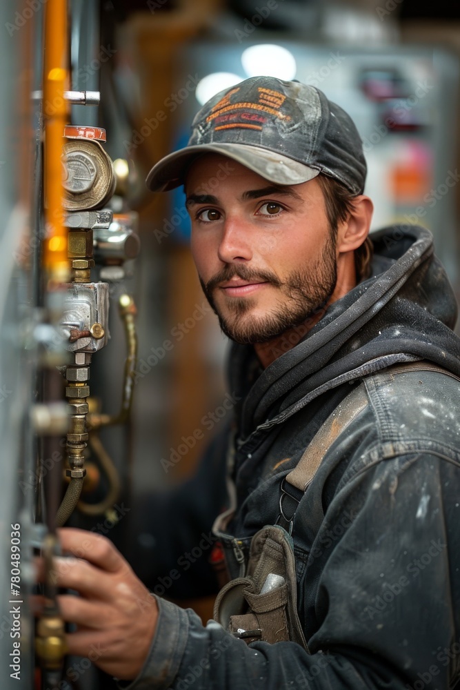 Young man installing gas water heater, plumber installing heating boiler Young man installing gas water heater, plumber installing heating boiler