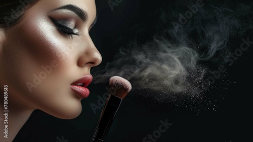 makeup artist with the beauty brush blows on powder on dark background photo