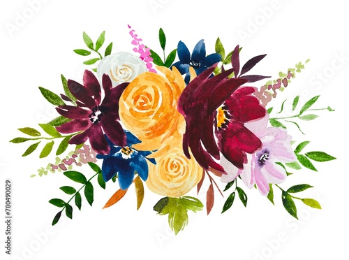 Watercolor floral bouquet  yellow  burgundy  blue roses.