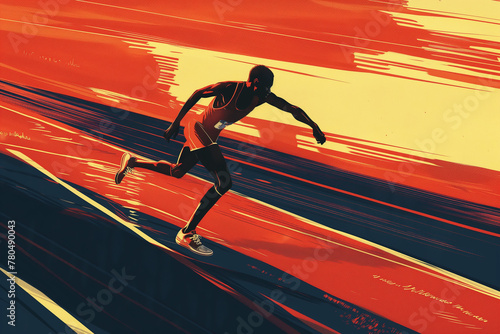 Athletes at summer Olympic games, colorful illustration. Professional runner running sprint at track, sports championship. 