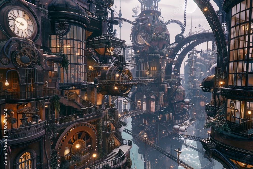Fototapeta premium A strange Steampunk world comes to life complete with complex machinery.