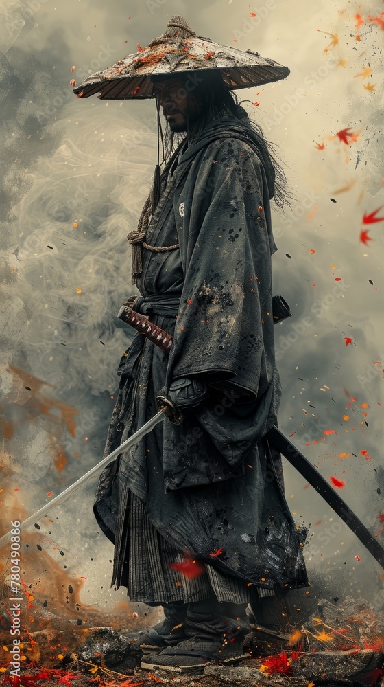 Samurai, standing alone, wielding sword, wearing kabuto