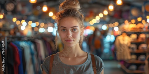 A casual  natural portrait of a young  attractive woman shopping in a clothes aisle.