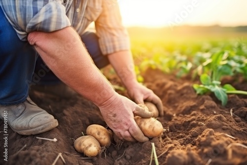 Hands of farmer dirty in ground collect potatoes dug from fertile soil in field. Farmer squats in front of ground pulling potatoes out of ground grown with effort and labor. Day of farmer on field © Stavros