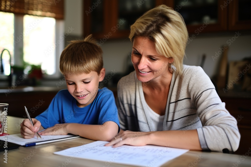 Mom helps son do homework sitting at table writing in notebook right answer. Boy asks mother to help with homework at table with laptop. Mom in cozy modern apartment helps her son with homework. Mom helps son do homework sitting at table writing in notebook right answer. Boy asks mother to help with homework at table with laptop. Mom in cozy modern apartment helps her son with homework.