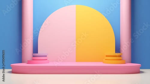 A captivating scene featuring pink  yellow  blue  and white realistic 3D cylinder stand podiums arranged gracefully in an arch window  within a vector abstract studio room adorned